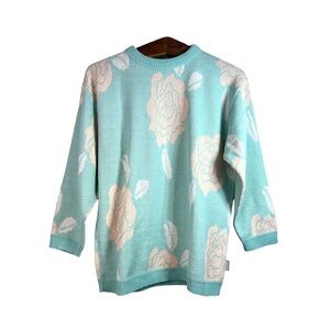 Vintage Pierre Cardin Turquoise Floral Knit Pullover Sweater Grandma Retro M/L